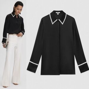 Reiss Murphy Silk Contrast Trim Button-Through Shirt Black White